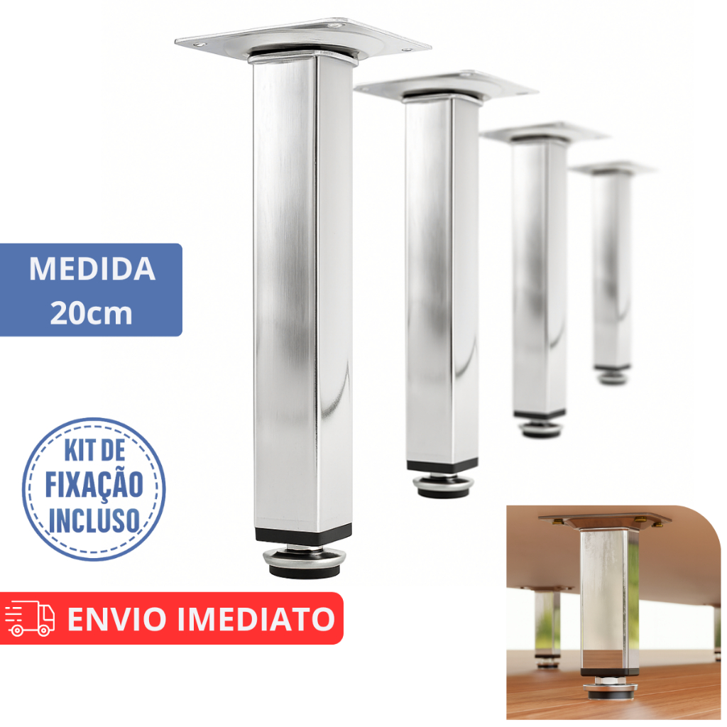 Kit Pés Para Móveis Regulável Quadrado Cromado 20cm em Oferta na Shopee