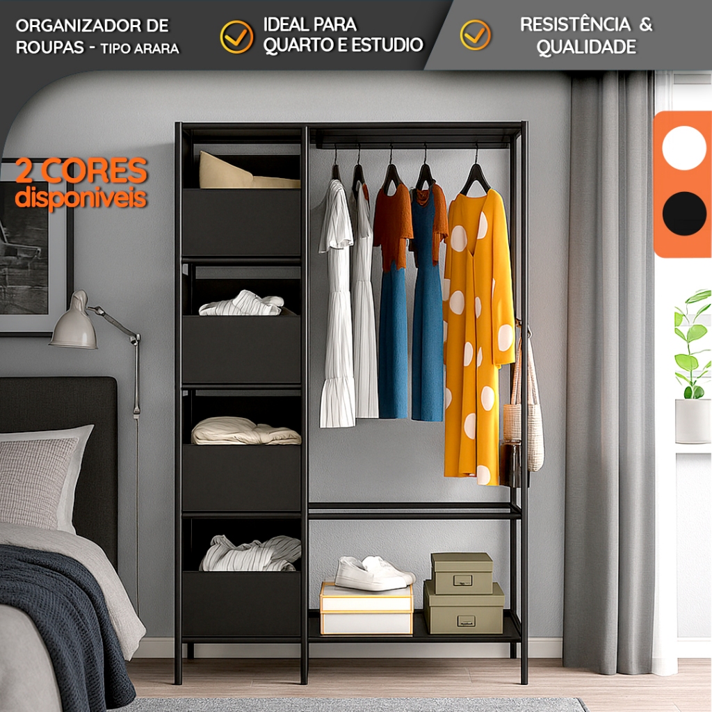 Cabideiro Organizador com Prateleiras e Ganchos Laterais – Design Clean e Estrutura Reforçada