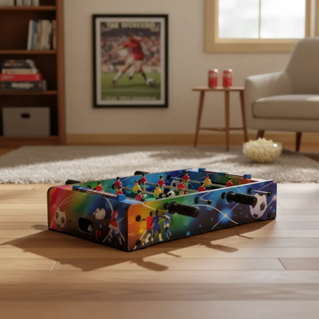 Mesa de Pebolim Infantil de Madeira Totó Tamanho Médio Brinquedo 2 bolinhas presente