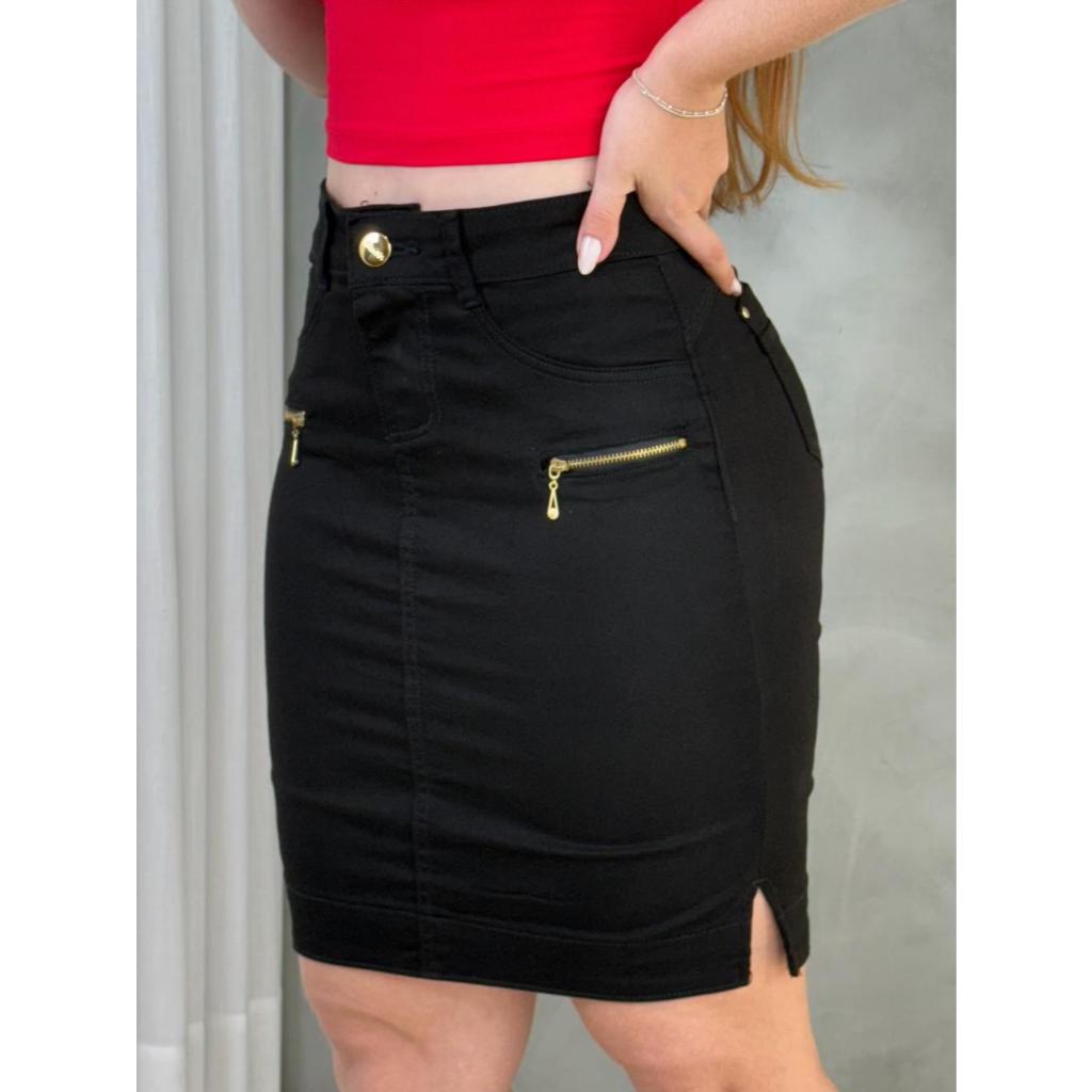 Saia Jeans Zíper Lateral Mídi Cintura Alta Evangélica com Elastano em Oferta na Shopee
