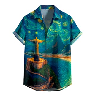 Camisa De Botão Unissex Estampada Rio De Janeiro + Noite Estrelada Van Gogh [Ref-019] em Oferta na Shopee