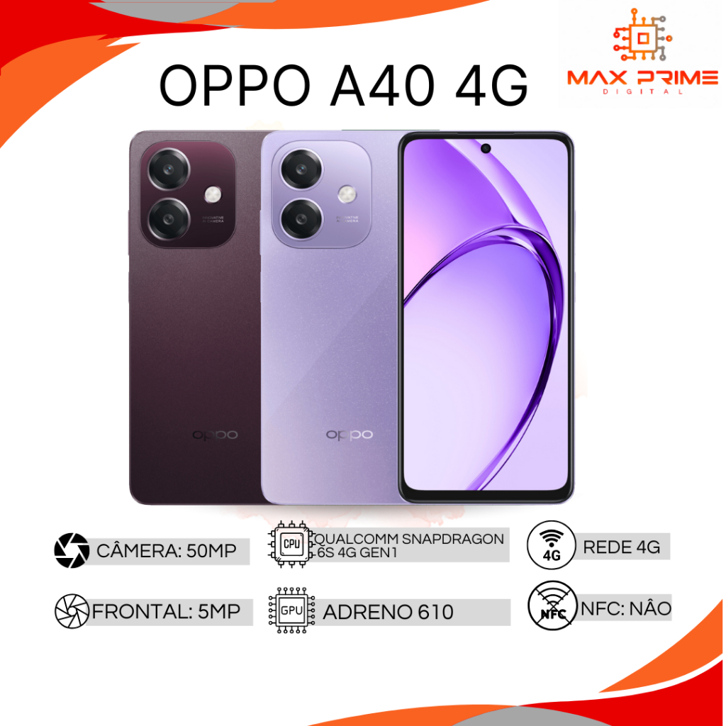 OPPO A40 4G, Câmera 50MP, 256GB e 4GB RAM Processador Snapdragon 6s 4G Gen2, VERSÃO GLOBAL, NOVO