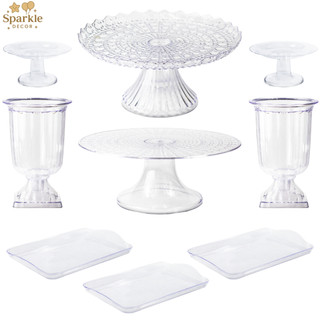 Kit Simples Boleira Cone Esmeralda 32cm + Boleira Cake Renda 22cm + 2 Vasos Grego + 2 Mini Cake + 3 Bandejas 20x13cm