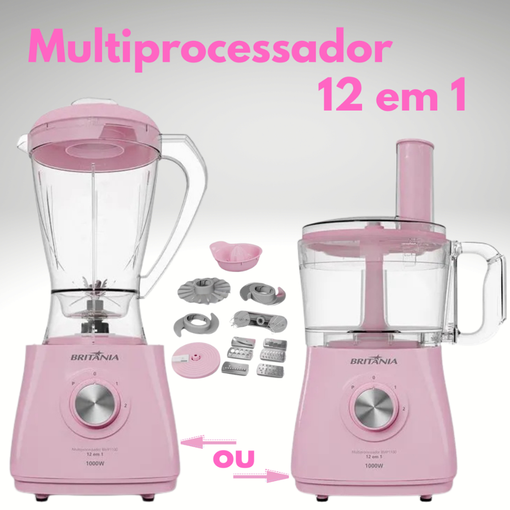 Multiprocessador Com Liquidificador Britânia 1000W 12 Em 1 Rosa 127V