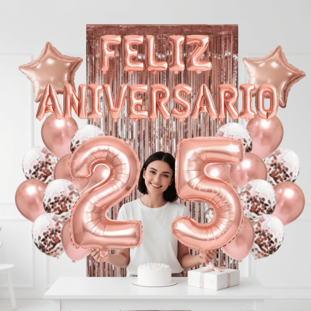 Kit FELIZ ANIVERSARIO + ESCOLHA SEU NÚMERO Rosê Gold Festa Completa com Balões, Cortina e Itens Decorativos