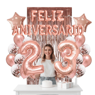Kit Festa Escolha Números Rosê Gold Completo Decoração Feliz Aniversário + Balões Números Personalizados + Cortina em Oferta na Shopee