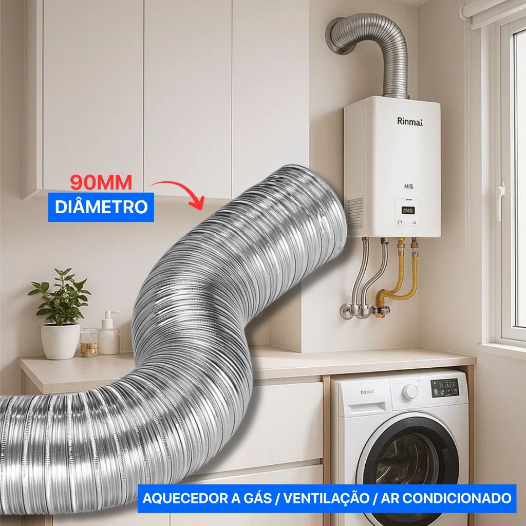 Imagem Duto 90mm 1,5 Metros Semi Rígido Alumínio Para Exaustão Coifa Aquecedor A Gás Churrasqueira