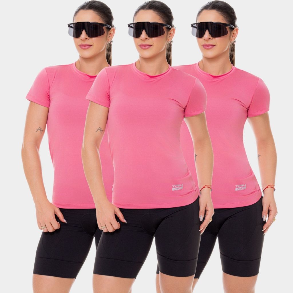 3 Camisa Camiseta Dry Fit Feminina Manga Curta Academia Treino Esportiva Corrida Uv Rosa