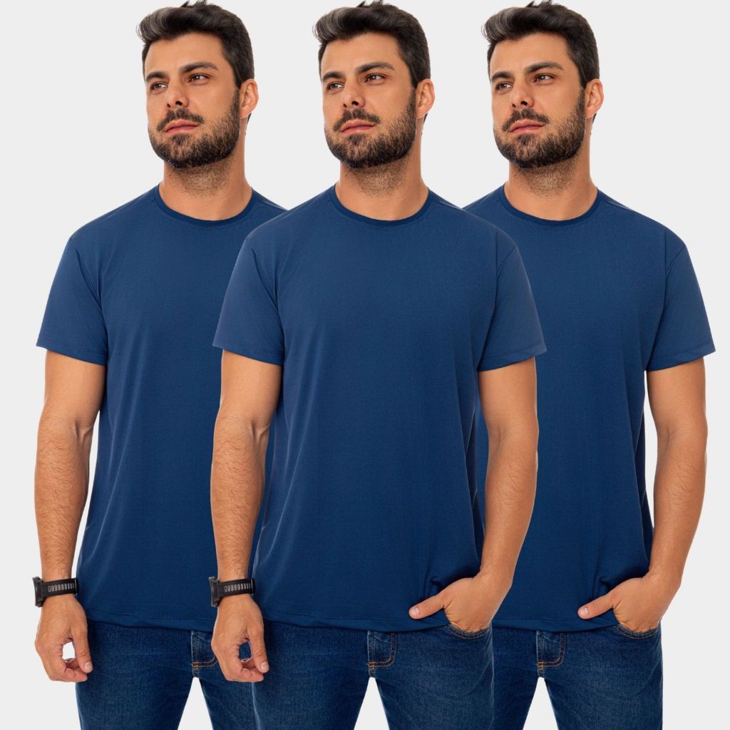 Kit 3 Camisa Camiseta Blusa Dry Fit Masculina Manga Curta Academia Treino Esporte Esportiva Corrida Uv Azul Marinho