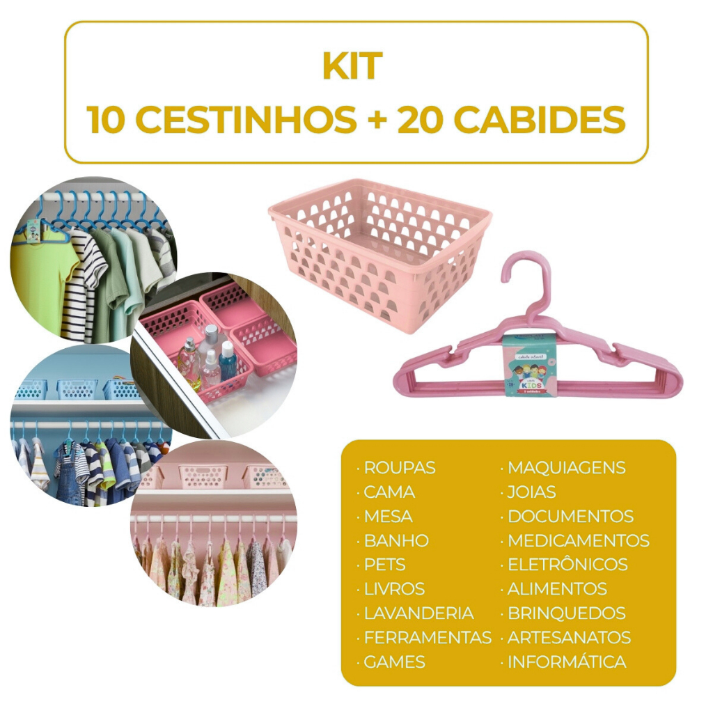 Kit Rosa Bebê 10 Cestos Organizadores + 20 Cabides Infantil Praticidade no Quarto em Oferta na Shopee