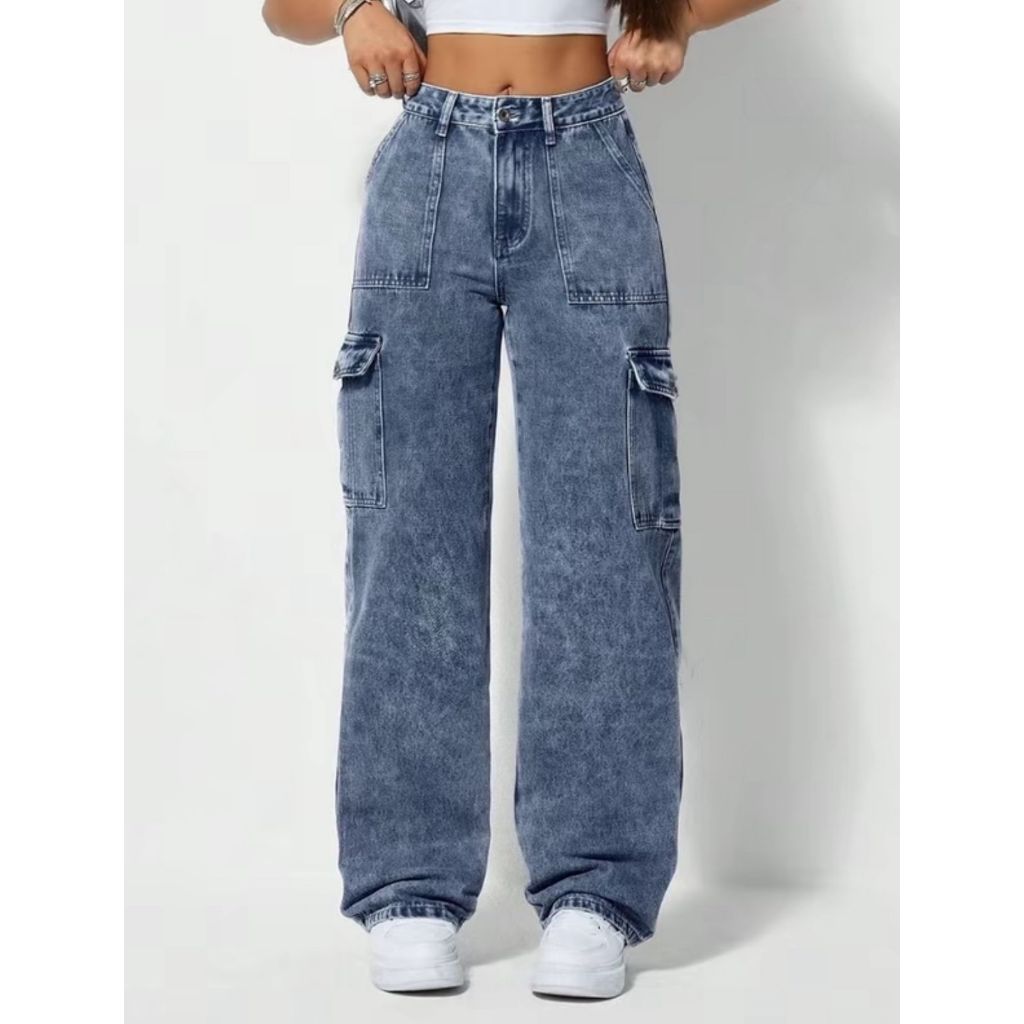 Calça Cargo Jeans Bolso Lateral Cintura Alta Wide Leg Pantalona