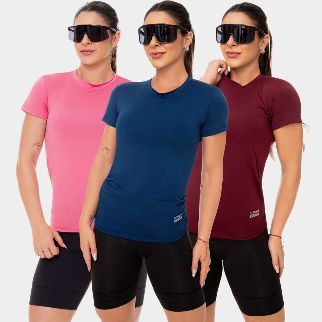 3 Camisa Camiseta Blusa Dry Fit Feminina Manga Curta Academia Treino Esporte Corrida Uv Rosa Azul Marinho Vinho