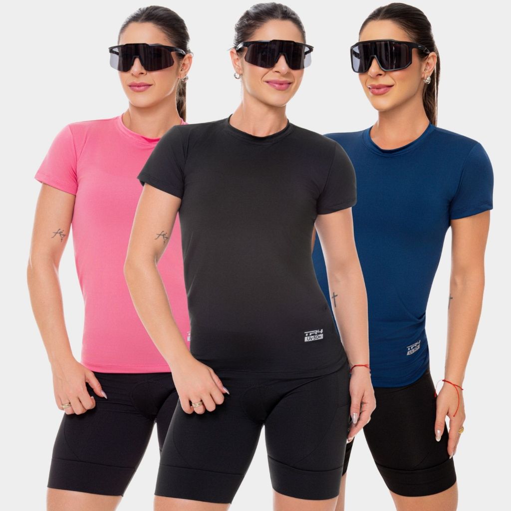 Kit 3 Camisa Blusa Dry Fit Feminina Manga Curta Academia Treino Esporte Corrida Uv Rosa Azul Marinho Preto