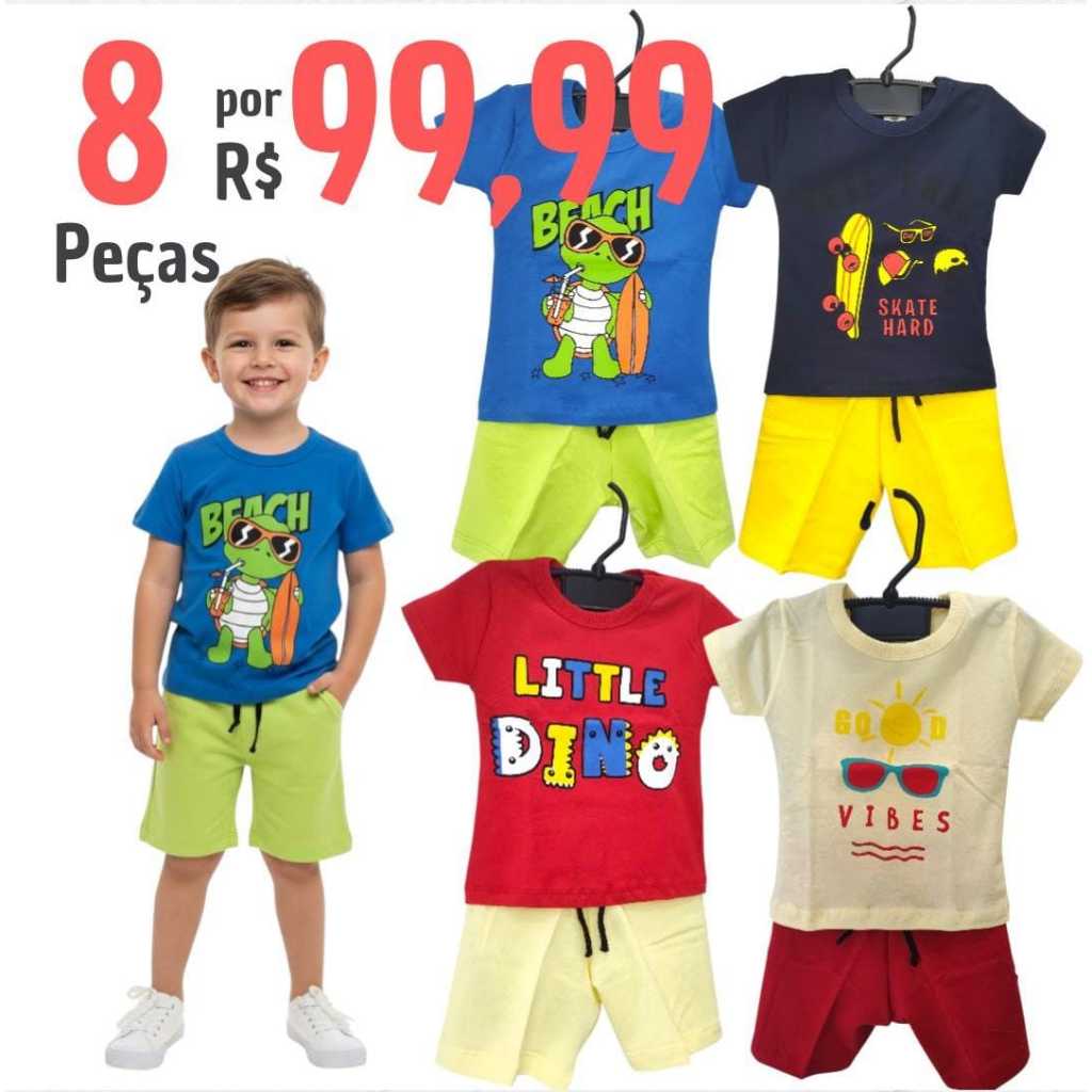 kit 8 peças de Roupa Infantil Masculino  Conjunto Infantil Menino - 4 camisa e 4 bermuda