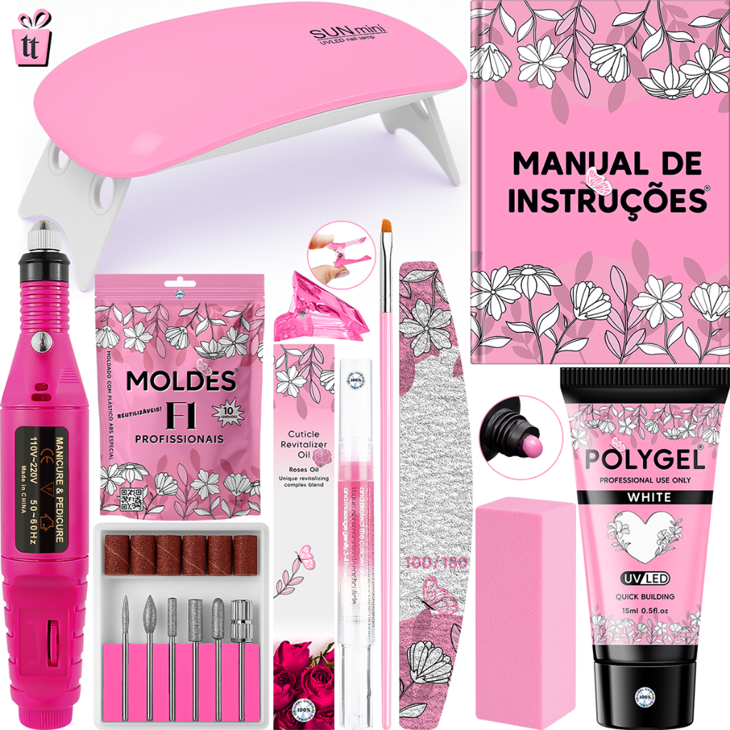 Kit Polygel + Lixadeira Caneta + Cabine Sun Mini + Polygel + Molde F1