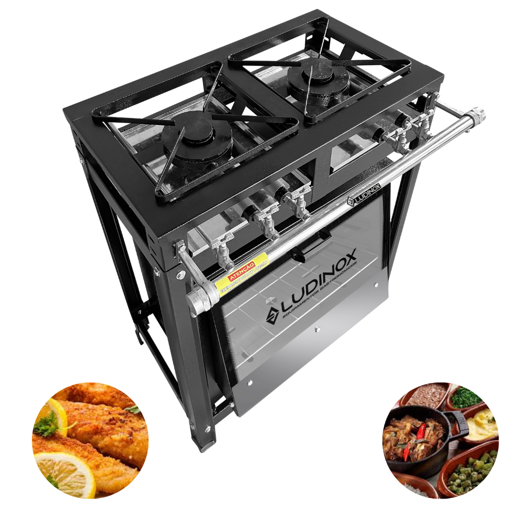 Fogão Para Cozinha Comercial Industrial 2 Boca 30x30 C/ Forno 60 Litro à Gás Cor Preto Baixa Pressão