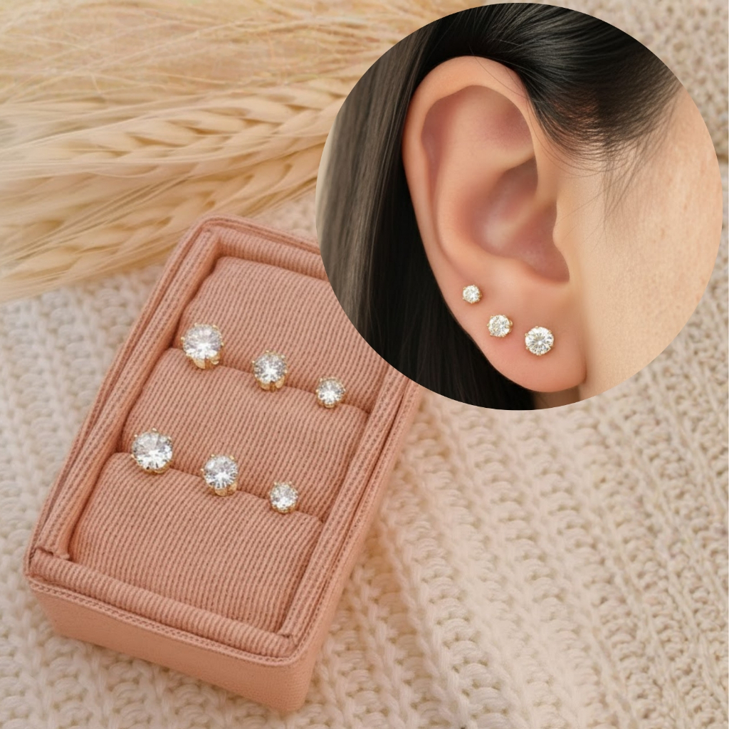 |SEMI JOIA| Conjunto Trio Brincos Ponto Luz Feminino Zircônia Banho Ouro Legítimo 18k Anti Alérgico