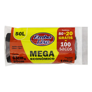 Saco de Lixo 50 Litros  Embalixo Mega Econômico 80 Unidades + 20 Grátis Total 100