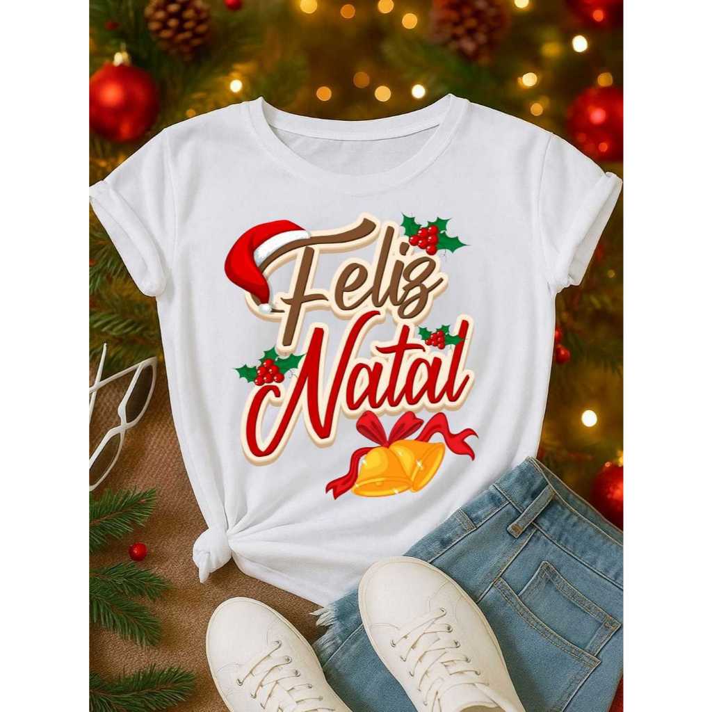 Blusinha Estampada Feliz Natal Festa Em Família Combine Camisetas Algodão Natalina Gorro Papai Noel