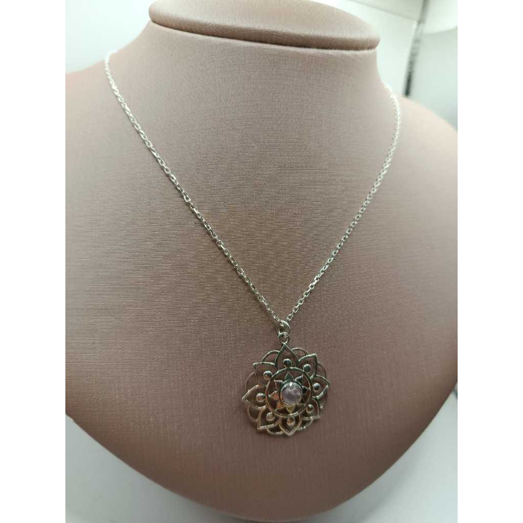 COLAR MANDALA PRATA 925 COM PEDRA NATURAL CRISTAL QUARTZO ROSA