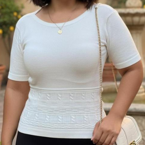 Blusa tricot modal premium detalhe barrado gola canoa manga curta estilosa em Oferta na Shopee