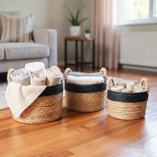 Kit 3 Cestos de Palha Seagrass Natural Decorativo em Fibra Multiuso Cachepot Cestas Vime com Forro 👌