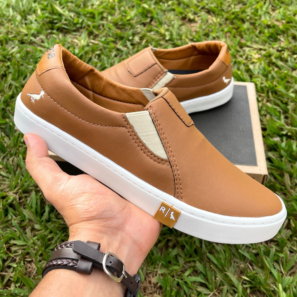 Sapatênis Slip On Masculino Em Couro Solado Tenil Sem Cadarço Promoção