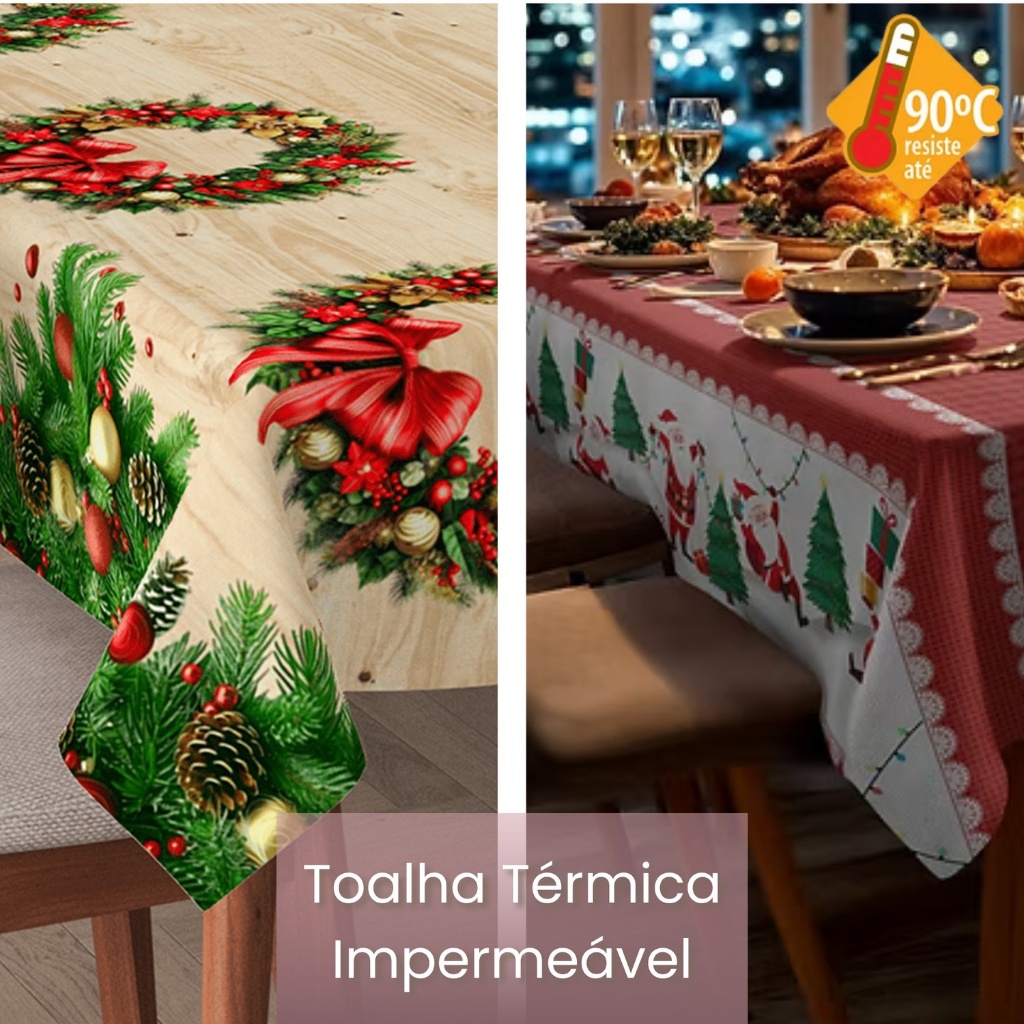 Toalha de Mesa Natal Plástica Térmica Impermeável Limpa Fácil por Metro p/ Mesas de 4 6 8 10 Lugares