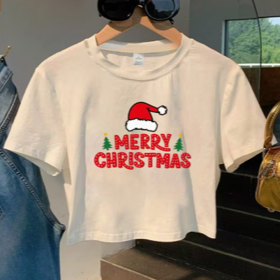 Blusa Feminina Cropped Merry Christmas Gorro de Natal Algodão Confortável