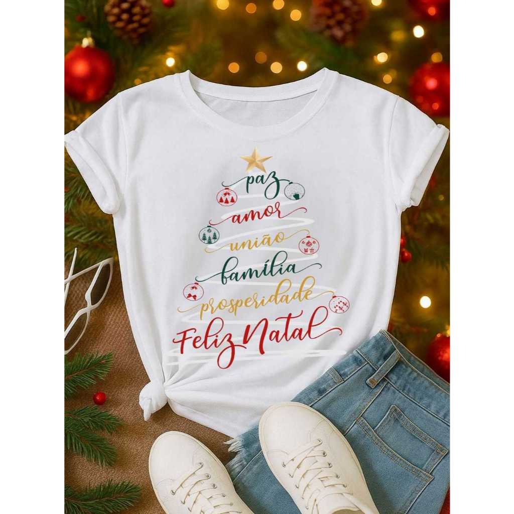 Blusinha Com Estampa Natalina Árvore De Natal Paz Amor Família Algodão Festividades Combine Camiseta