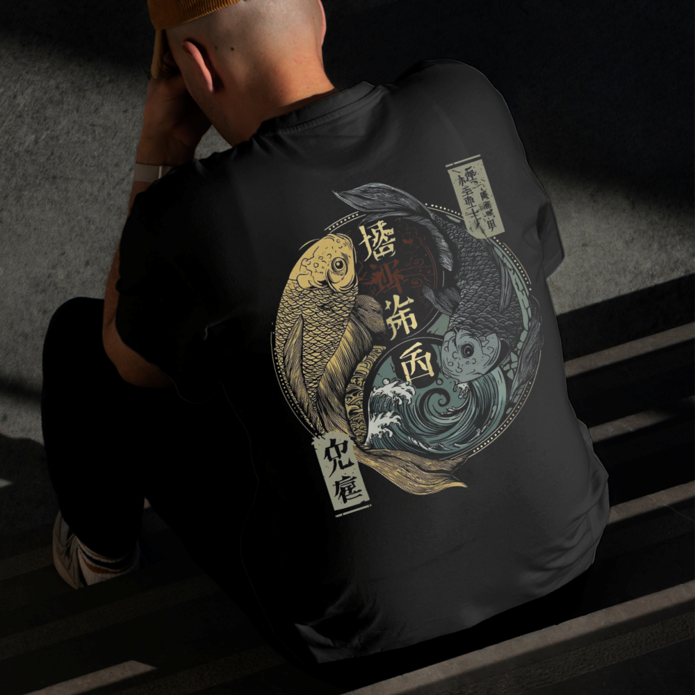 Camiseta Masculina Estampada Peixes Ying Yang 100% Algodão Estilo Conforto Diário Do Tamanho P ao GG