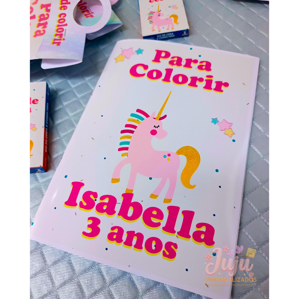 Livrinho para Colorir Personalizado + Giz de Cera - Lembrancinha de Aniversário - Festa Infantil - Tema Unicórnio