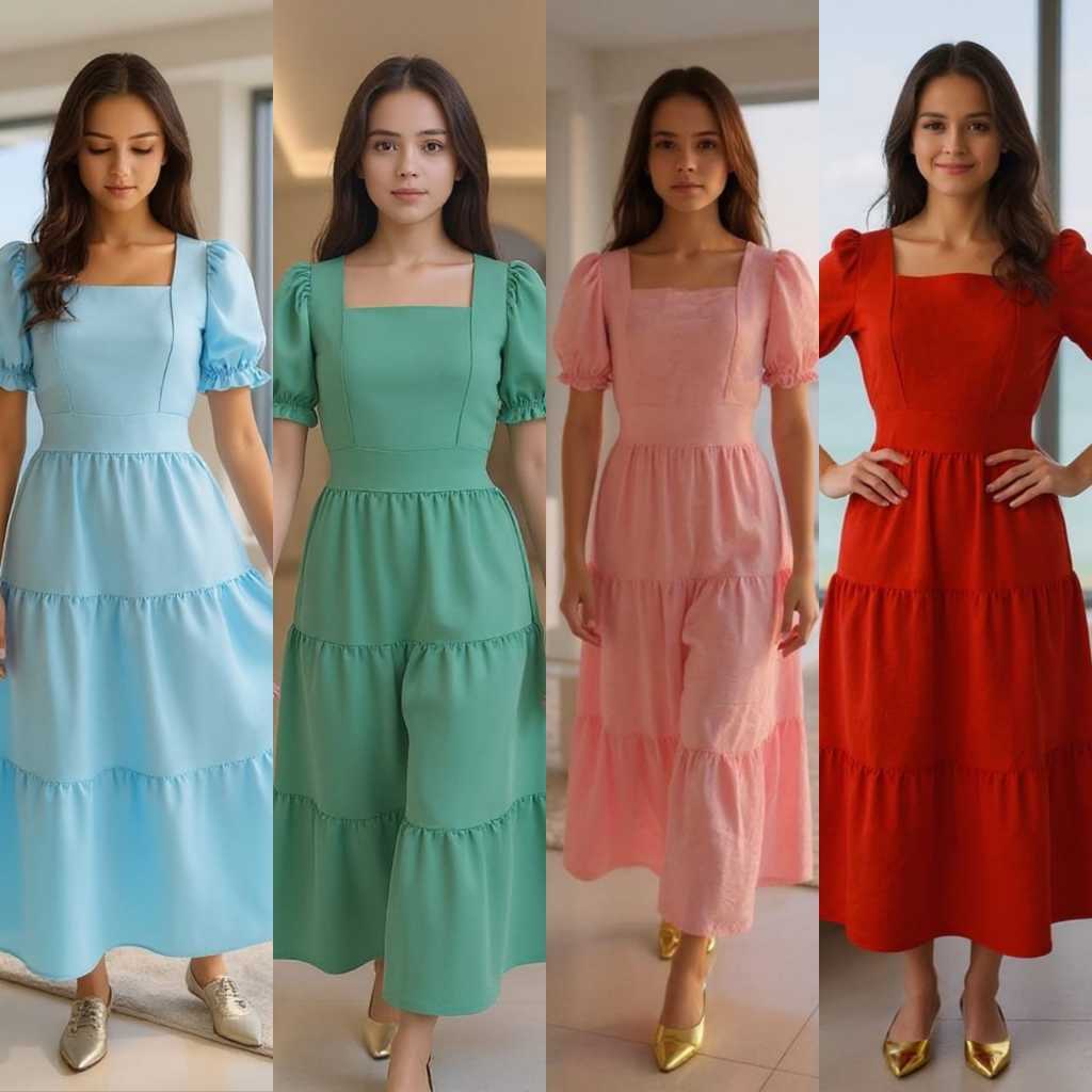 Vestido Longo Babado Juvenil Lizo Mininas Modernas 12,14,16 Cor,azul,preto,Bege,verde  Vermelho.rosa