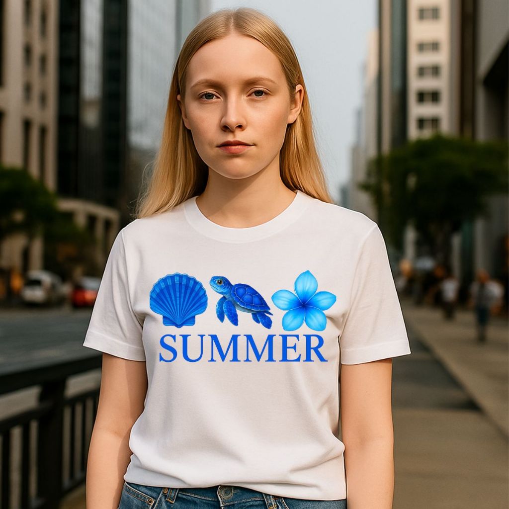 Camiseta Feminina Estampa Verão Concha Tartaruga Flor Look Leve Praia T-Shirt para Dias de Sol