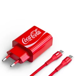 Kit Carregador Turbo USB-C 20W com Cabo USB-C Trançado Carregamento Rápido PD Vermelho Coca-Cola