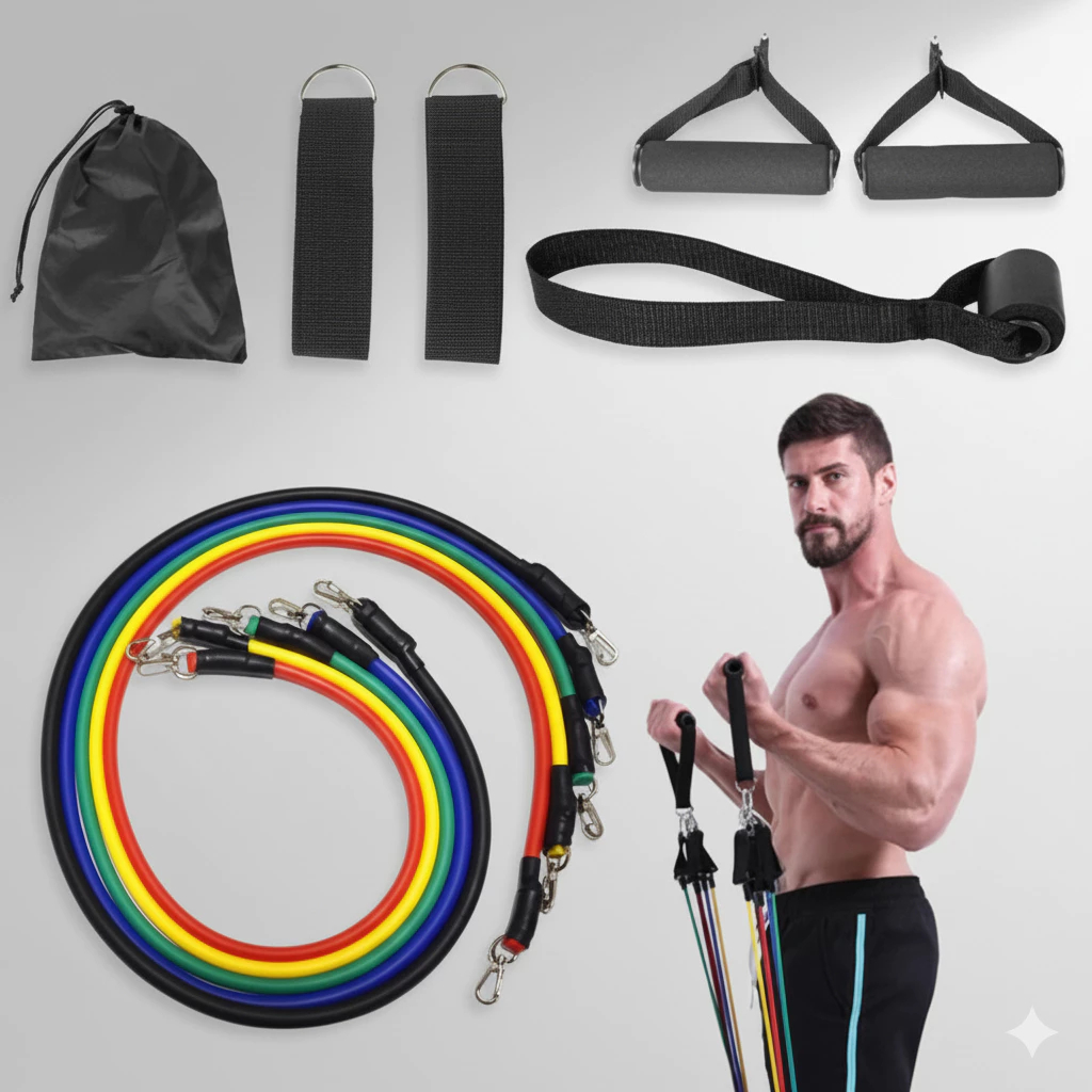 Kit de Extensores Elásticos 11 Peças – Treino Funcional, Musculação e Resistência Total