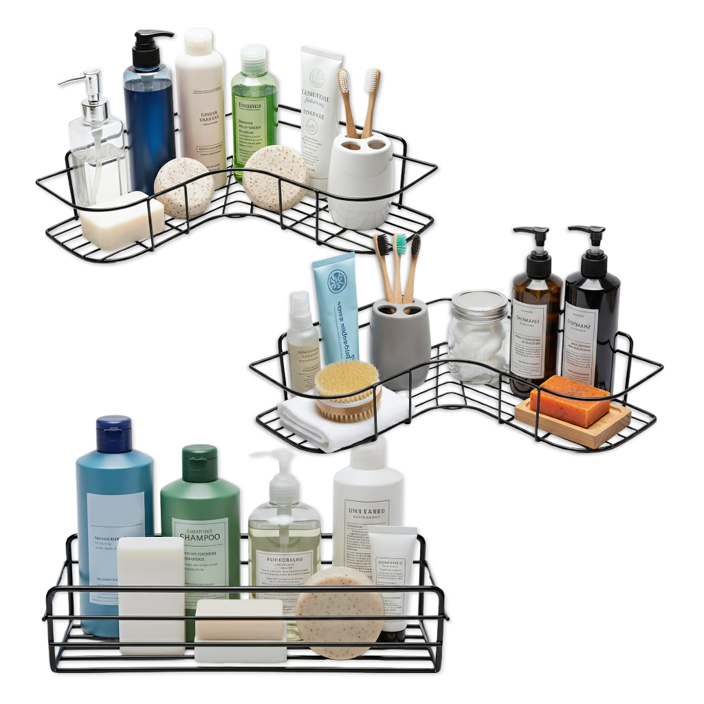 Kit 3 Suportes De Banheiro Prateleira Metal Sem Furo Adesivo Parede Shampoo Sabonete Cozinha
