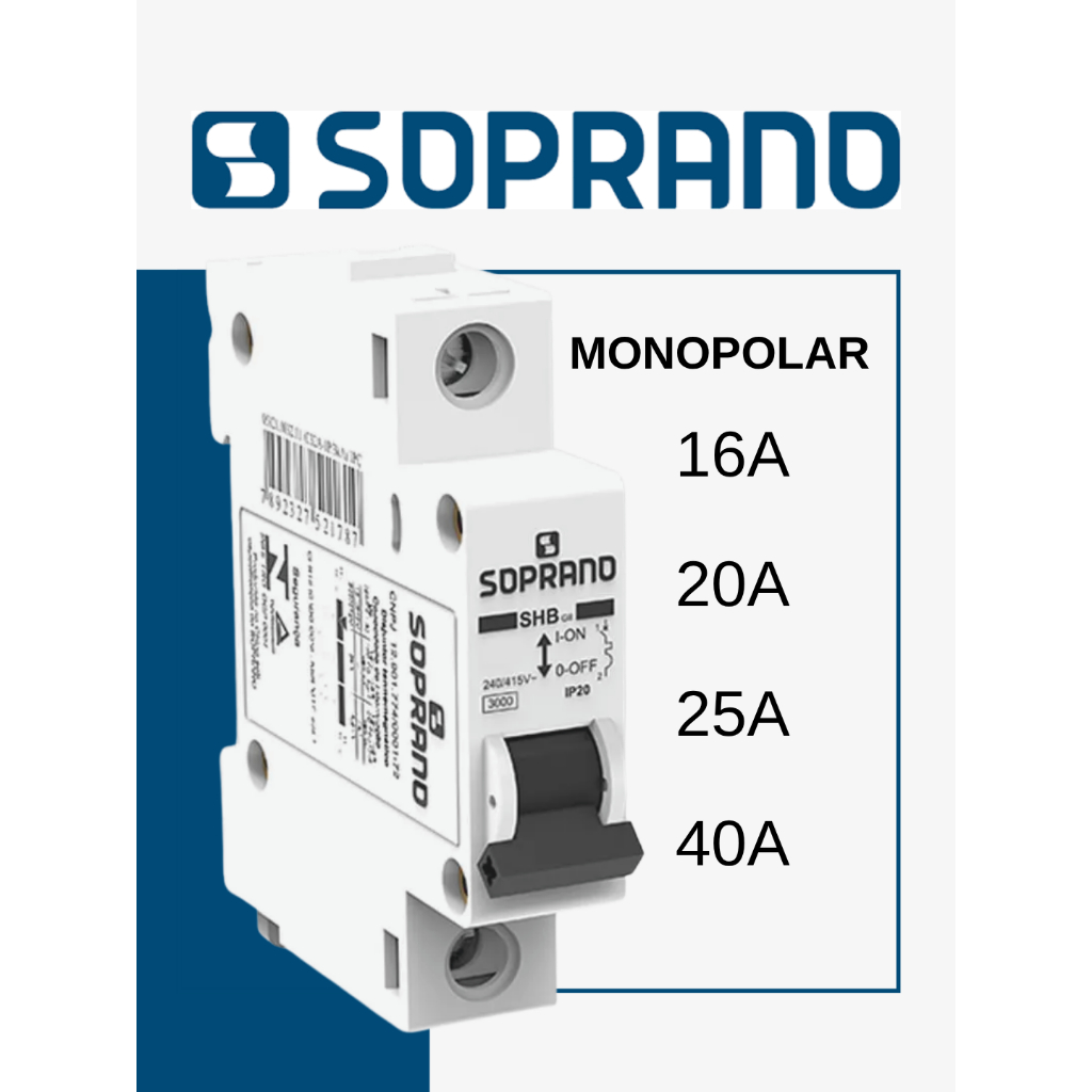 Minidisjuntor Unipolar Soprano SHB-GII 16A 20A 25A 40A Proteção Elétrica com Qualidade e Segurança