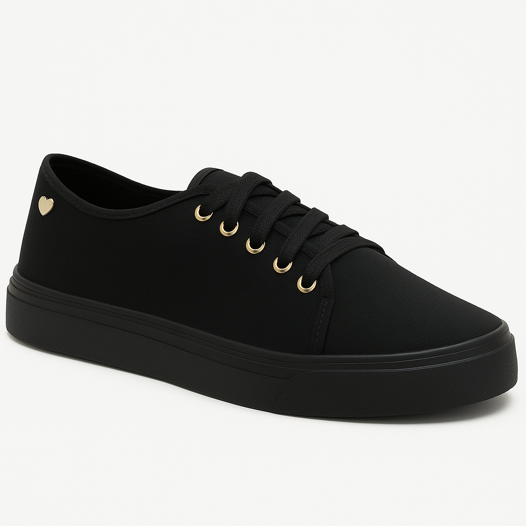 Tênis Feminino Pingente Coração Casual Preto