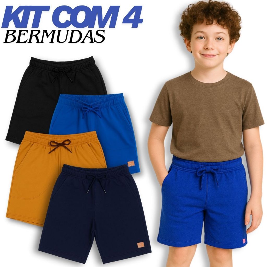 Kit com 4 Bermudas Infantis Menino com 2 Bolsos | Moletom Leve 100% Algodão | Tamanhos 4 ao 16