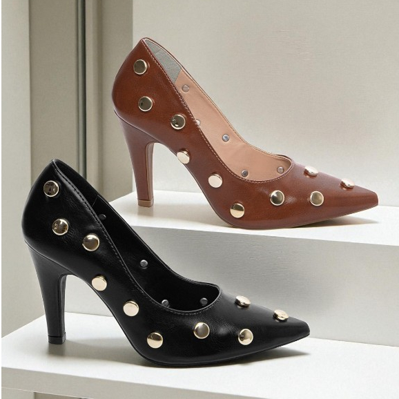 Scarpin Luxo Feminino Salto Alto Fino 9cm Enfeite Dourado Elegante Social Festa Sapato Torricella