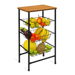 Fruteira de Chão Cozinha Aço Resistente Tubo Cestos Removíveis Tampo Madeira em Oferta na Shopee