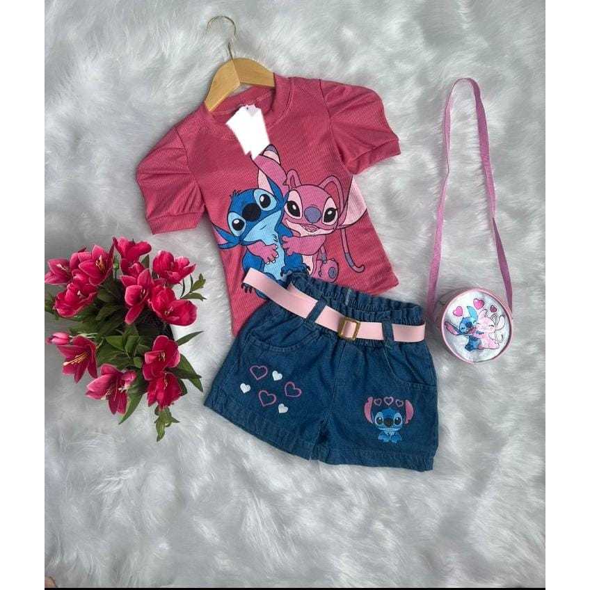 Conjunto infantil meninas conjunto de shorts jeans bordado com cinto  e a blusa e bolso tamanho 2
