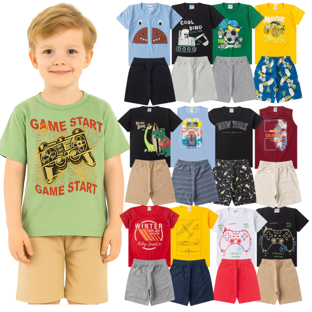KIT COM 10 PECAS DE VERÃO PARA MENINOS ( 5 CAMISETAS/REGATAS E 5 BERMUDAS ) MASCULINO