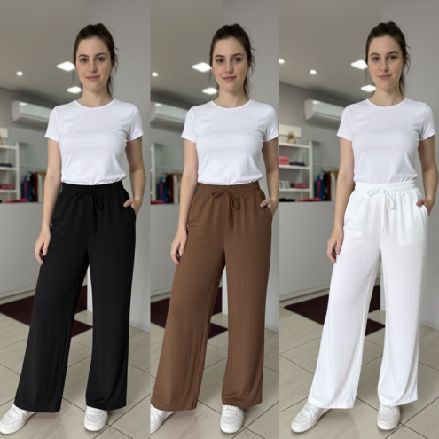 Calça Pantalona Feminina Com Bolso Cintura Alta com Elástico na Cintura