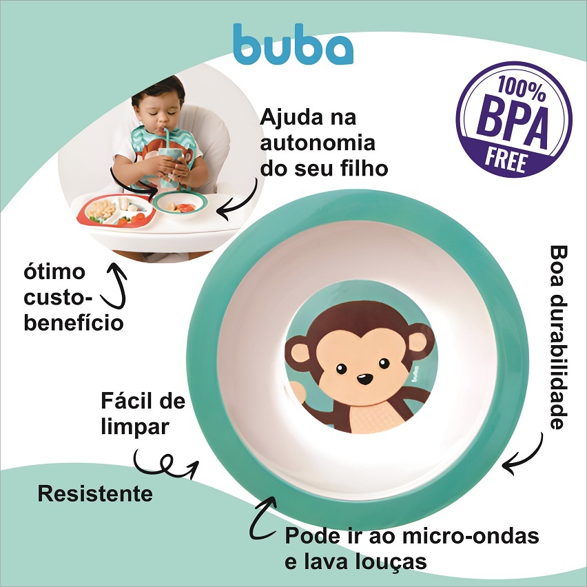 Pratinho Infantil Bebê Microondas Buba Macaco Verde Fundo