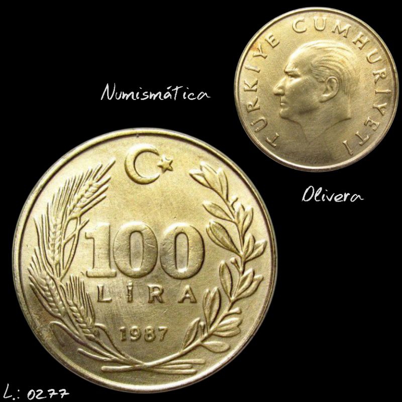 L.: 0002 - Moeda antiga Turquia 100 lira 1987.
