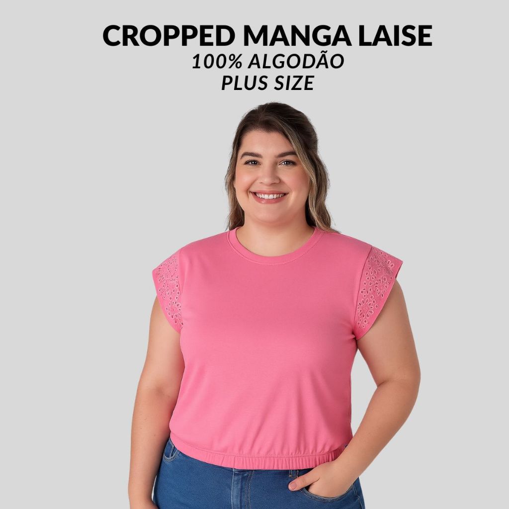 Cropped Plus Size Feminino Algodão Manga Laise Bordado Básico Confortável Moda Casual 25741-A em Oferta na Shopee