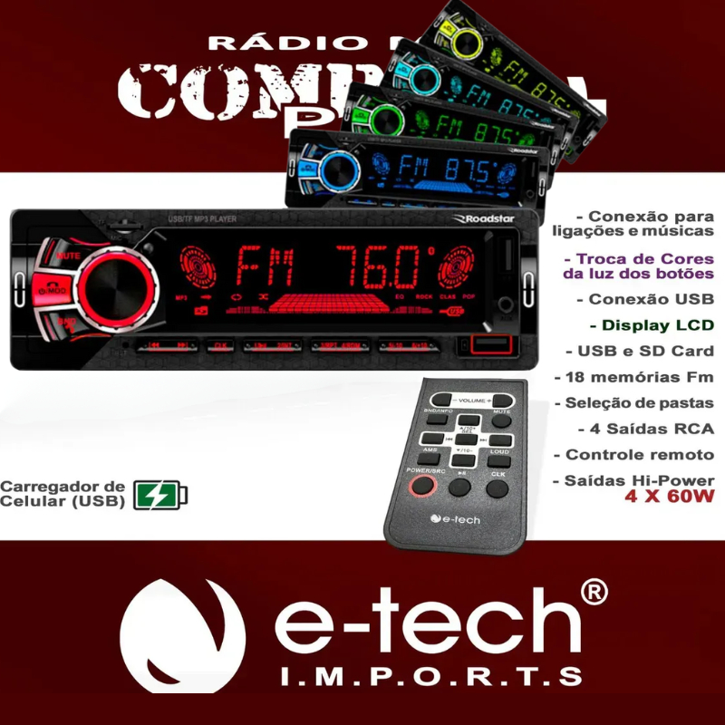 Rádio De Carro Bluetooth Mp3 Usb Sd Controle Remoto Via App