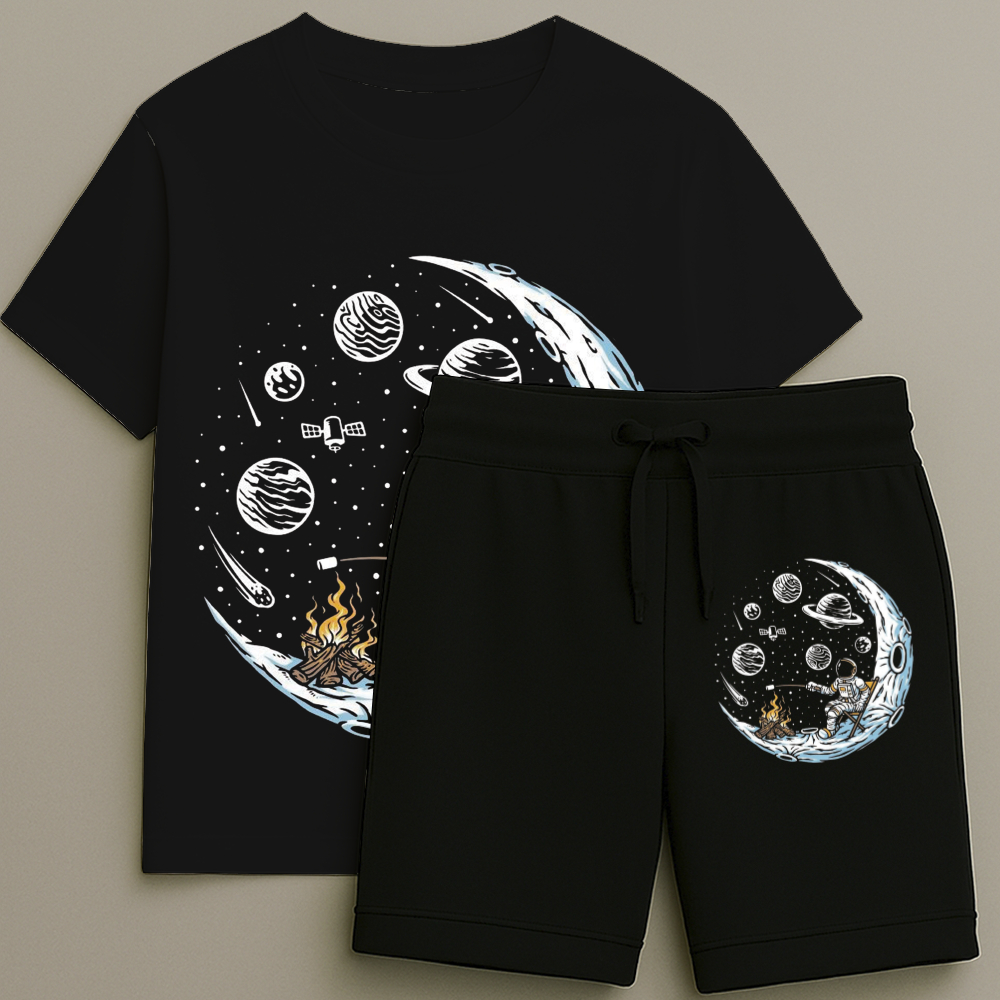 Camiseta e Bermuda Infantil Masculina Estampa Acampamento Lua Premium Alta Qualidade Tamanho 2 ao 16